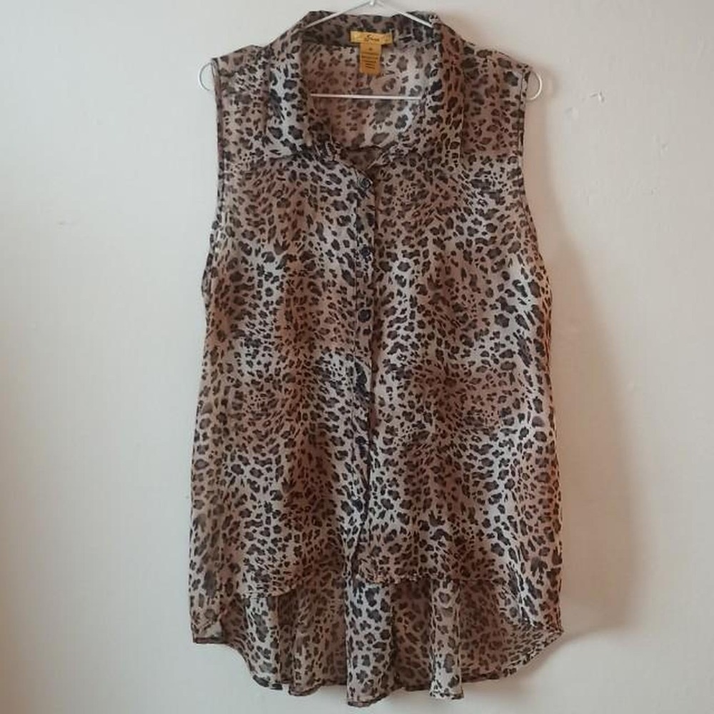 Finesse Leopard Print Sleeveless Chiffon Blouse Button Up 2X Mob Wife Tuscan Mom